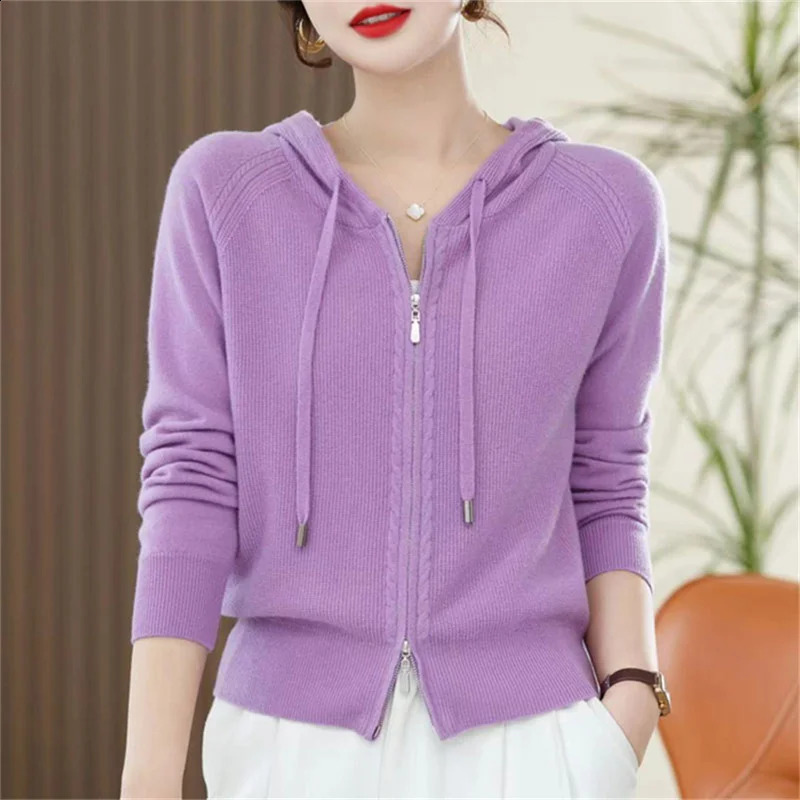 Veste pull de couleur unie printemps et automne manteau manteau en cachemire cardigan à capuche femmes manteau tricoté à manches longues coupe am