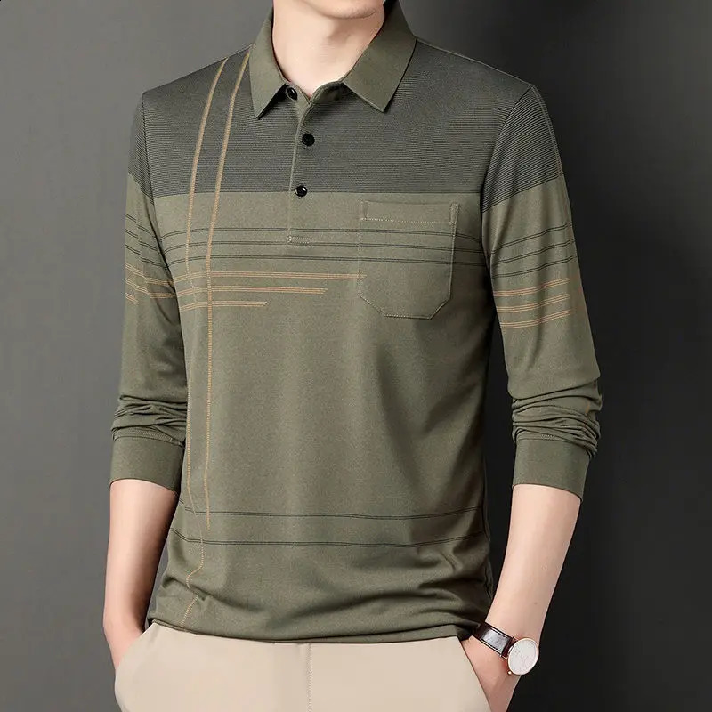 Streetwear Fashion Men Striped Polo Shirts Spring Autumn Cotton Male Clothes Pockets Long Sleeve Casual Loose Business Tops 240821