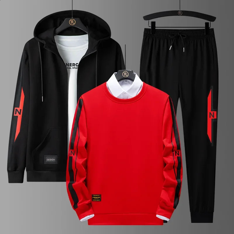Autumn And Winter Sports Suit Mens Hooded Cardigan Casual Running Large Size Long Sleeve Sweater Fashion Three Pieces Set 240821