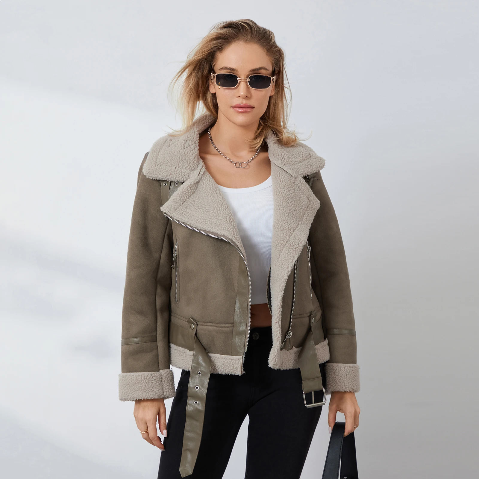 Puloru Womens Artificial Suede Jacket Retro Collar Zipper Fur Cashmere Long Sleeve Jacket with Belt Suitable for Winter Wool Jacket 240822