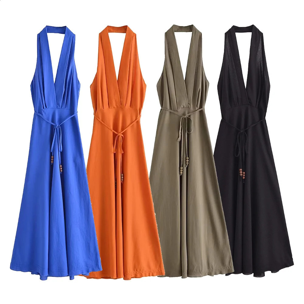 Unizera Summer Womens Fashion Style sexy Open Back Linn Linge mélangé Robe de couleur solide au cou de cou solide 240822