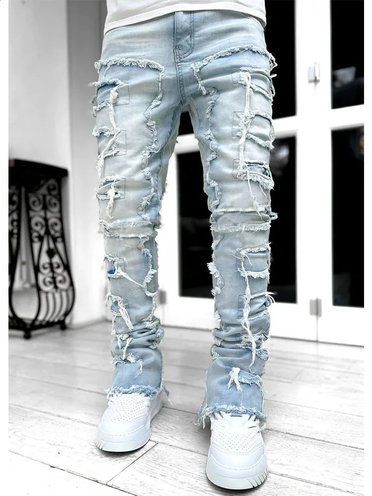 street style tear elastic patch jeans suitable for men high-quality straight fit long jeans fashionable mens clothing 240822