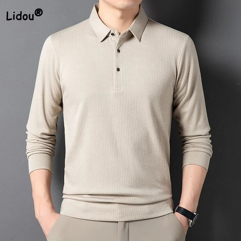 Simplicity Business Mens Solid Color Polo Shirt Casual Fashion Button Patchwork Long Sleeve Shirts Spring Autumn Male Clothes 240821