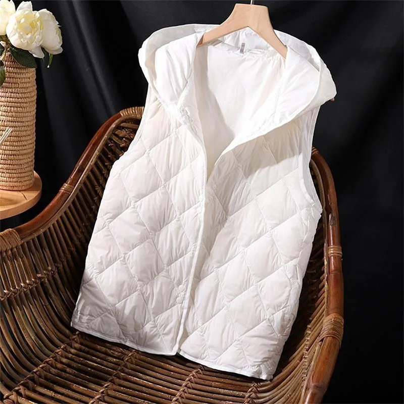 White Down Cotton Vest Jacket Women Hooded Sleeveless Padded Vest Outer Wear Autumn Winter Vests Female Waistcoat Coat 240822