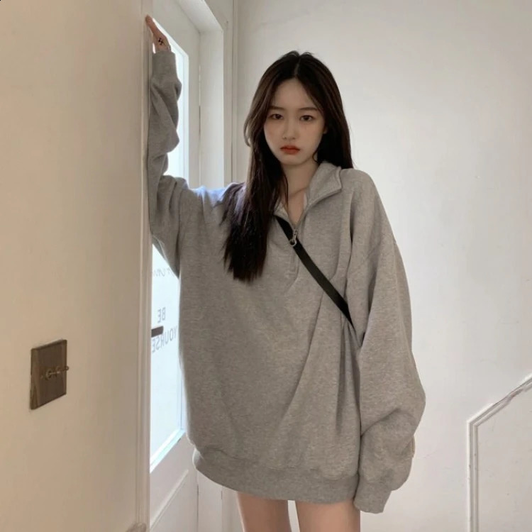 Street Lazy Lapel Neck Gray Sweatshirts Autumn Mid-length Tops Women Y2k E-Girl Long Sleeve Loose Sweatshirt Coats 240822