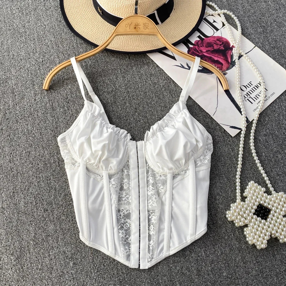 Corset Top Bustier Lace Patchwork Sheer Sexy Crop Tops Spaghetti Strap Backless Camisole With Bulid In Bra French Style Dropship 240821