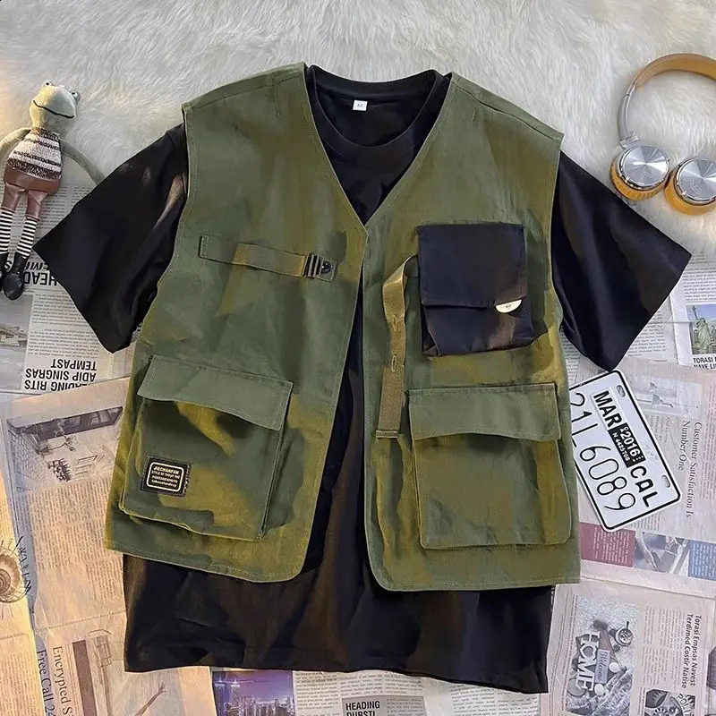 Japanese Boyfriend Summer 2024 Patchwork Vneck Pocket Fashion Solid Color Loose Minimalist Casual Sleeveless Coats Vest 240822