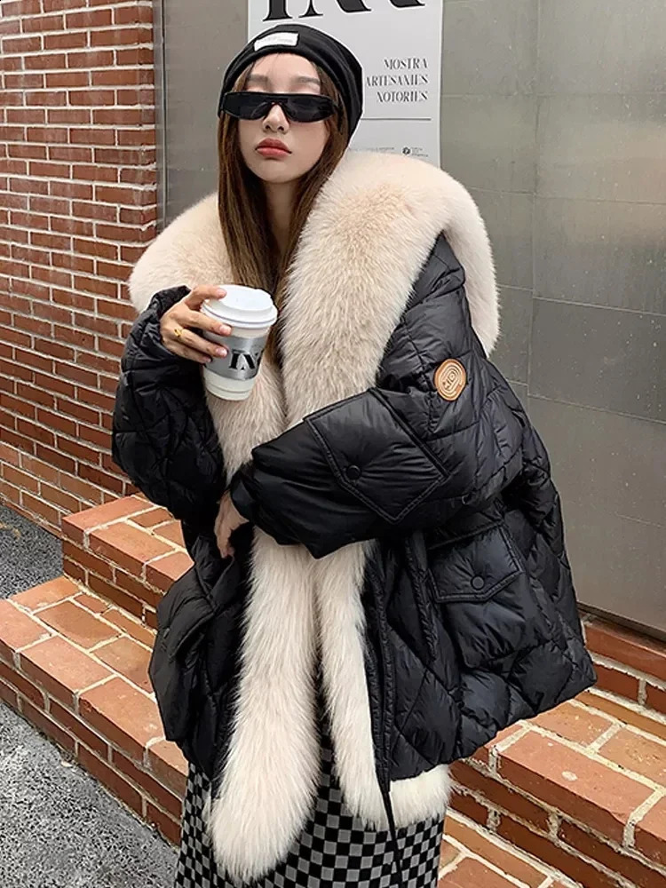 Fox Fur Collar Long Coats Women Winter Soft Warm Loose Jacket Puffer Parka Female Windproof Snow Outwear Coats 240821