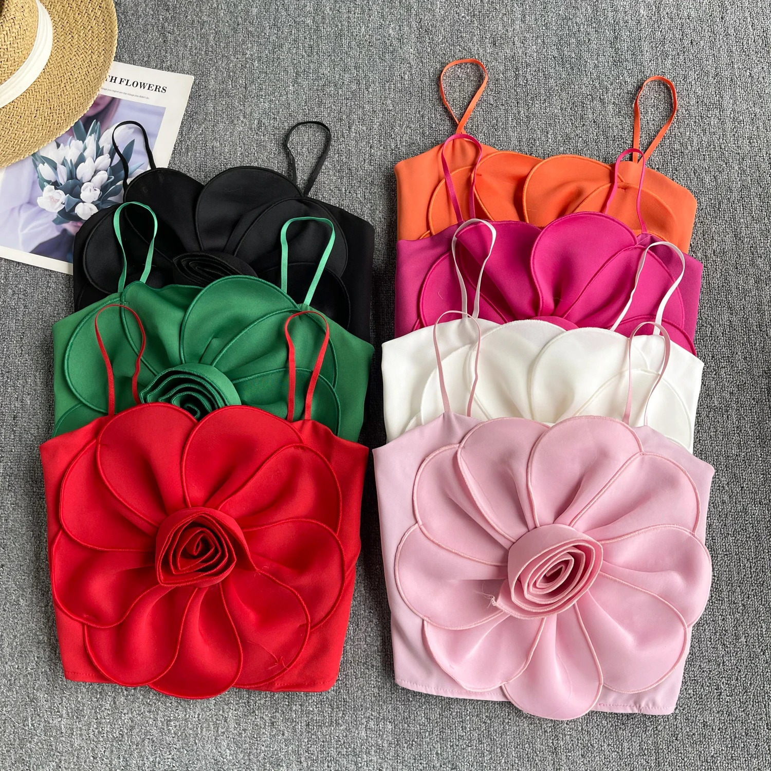 Spaghetti Strap Tank Top for Women Backless Three-dimensional Flower Camisole Sleeveless Solid French Chic Camis Summer Dropship 240821
