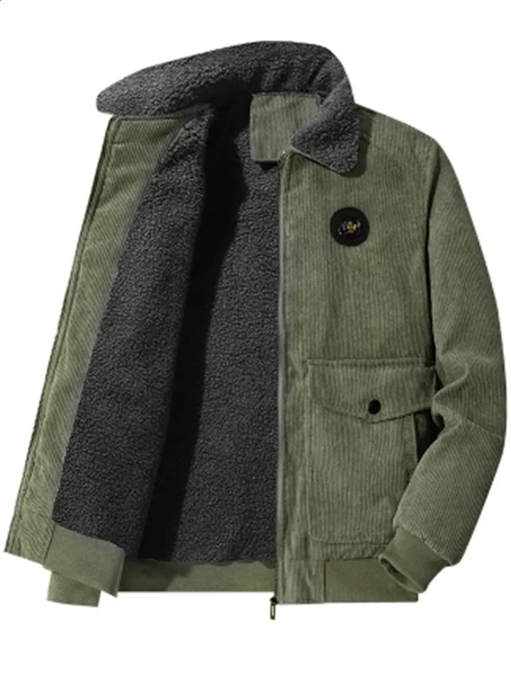 Mens Trend Business Casual Coral Thick Cold Warm Windproof Solid Color Line Stand up Collar Zipper Jacket 240822