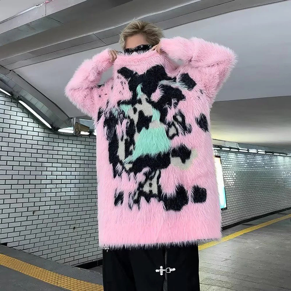 Mens Y2k American Street Pink Graffiti Knitted Sweater Genderless Autumn Winter Fashion Casual Lazy Style Plush Top Unisex 240821