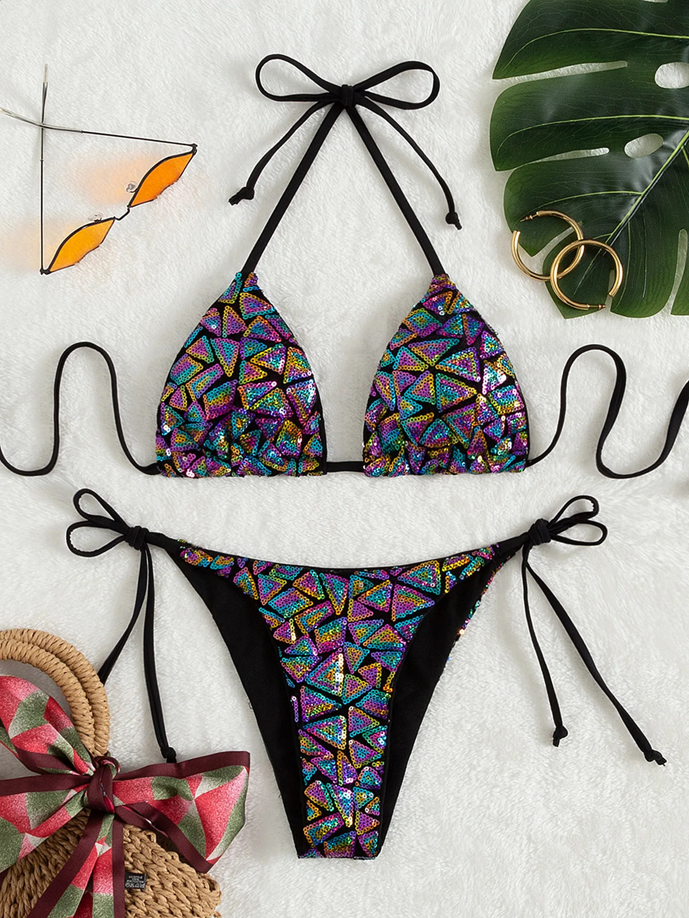 Bikini Sexy Push Up Bikinis pour femmes coloré paillettes attaché String maillots de bain Bling paillettes plage vêtements maillot de bain baigne