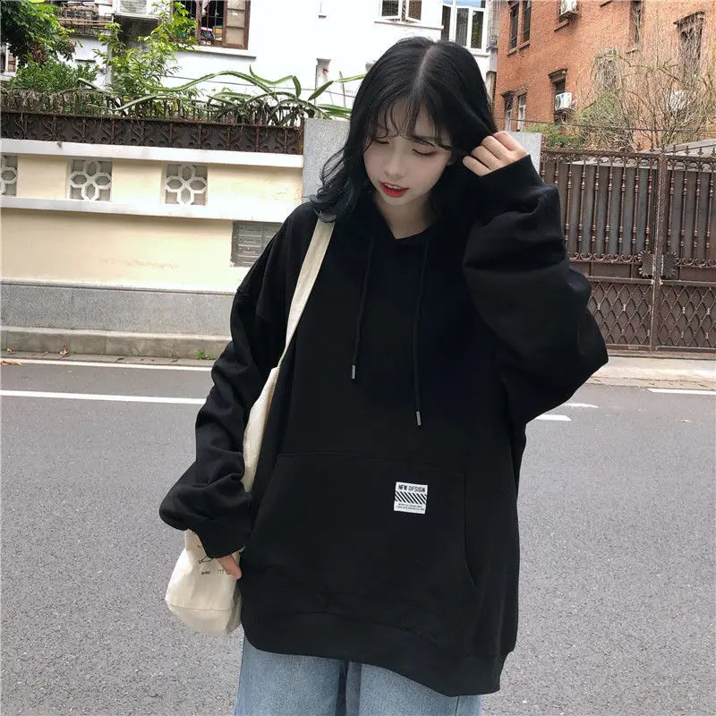 Womens Fleece Hooded Winter Korean BF Loose Hoodiies Solid Black White Sweatshirts Cotton Outfits Casual Boyfriend Coat Top 240822