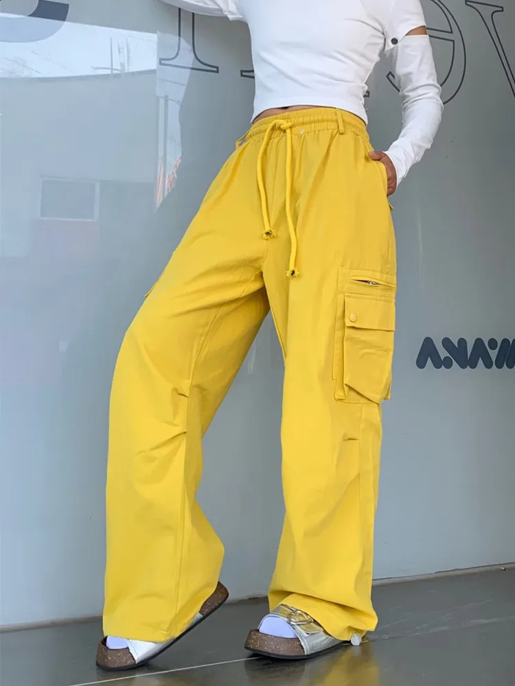 Coréen y2k mode jaune cordon de drafet de cargaison de cargaison baggy pantalon pour femmes vêtements plusieurs poches décontractées pantalon élé