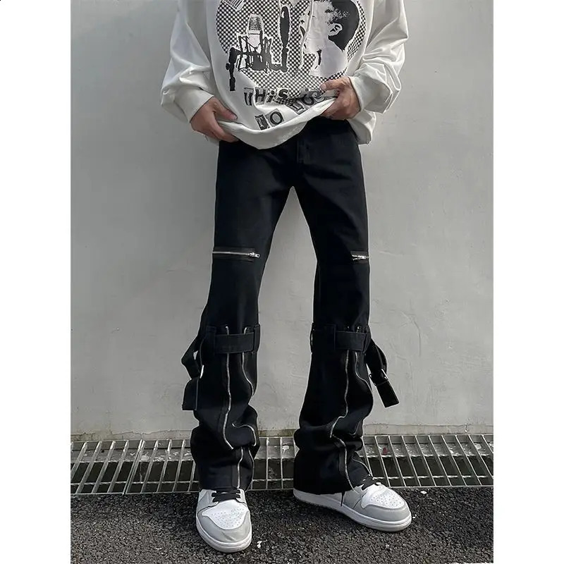 High Street Men Black Jeans American Street Zipper Tube droit Micro Évasé de travaux de travail Couple Pantalon Streetwear Men 240821