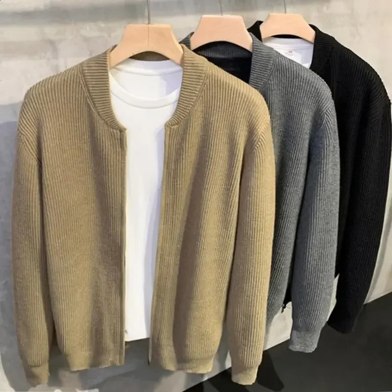 autumn mens knitted cardigan sweater simple version solid color fashionable jacket thick collar lapel 240822
