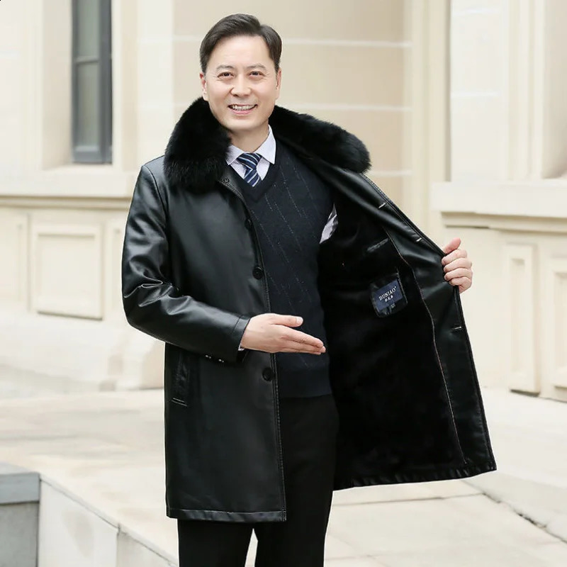 Leather jacket mens winter jacket mens medium long fur thick leather coat mens fur collar windproof machine 240822