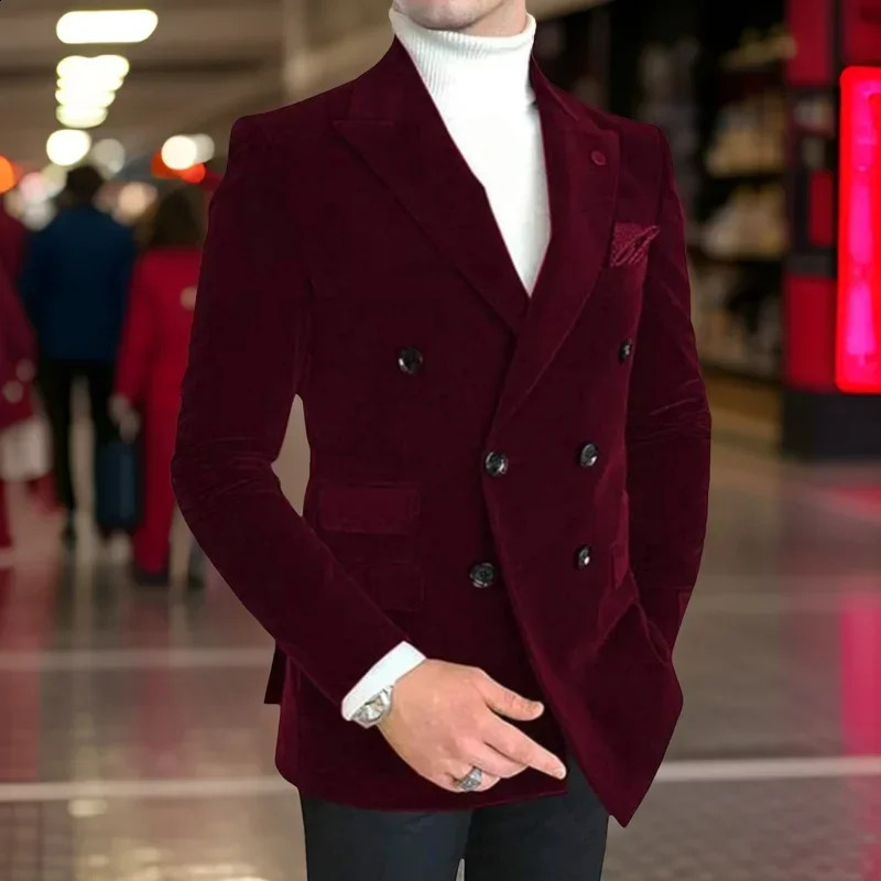 Italian Style Men Suit Jacket Slim Fit 1 Piece Lapel Velvet Smoking Male Fashion Blazer Double Breasted Wedding 240821