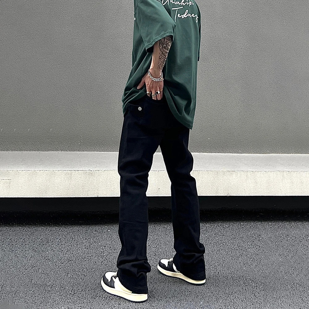 Jeans en ajustement noir pour hommes y2k street été slim décontracté pantalon évasé streetwear mode automne relégion skinny pantal