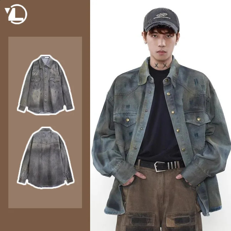 Spring Japanese Denim Shirt Mens Tie Dyed Fashionable Street Unisex Cowboy Tops Double Pockets Lapel Collar Y2K Jackets 240821
