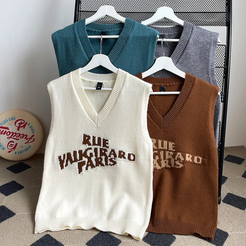 Mens Letter Sweater Vest VNeck Sleeveless Preppy Style Fashion Campus Pullovers Classic Fit Tank Tops 240821
