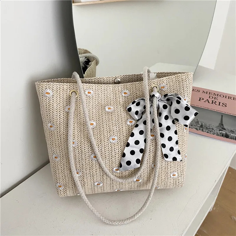 Style Straw Braided Silk Scarf One-shoulder Handbag Ladies Large-capacity Fashion Simple Handbags Summer Travel Beach Bag 240821