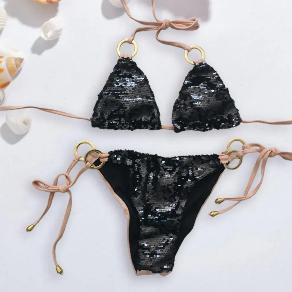 2 pièces/ensemble femmes Bikini ensemble Sexy Sequin licou cou taille haute été maillot de bain brillant maillots de bain maillot de bain Sport n