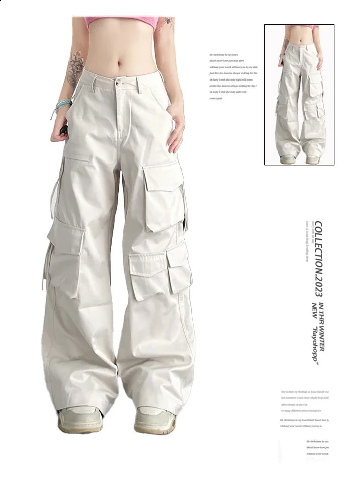 Womens Apricot Cargo Pants Harajuku Streetwear Pockets Parachute Pants Y2k Retro 2000s 90s Aesthetic Vintage Trousers Clothes 240821