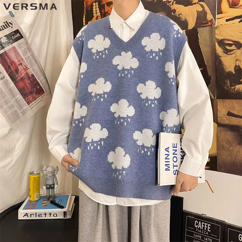 VERSMA Korean Vintage Blue Cloud Vneck Oversize Vest Men Autumn Knitted College Style Sweater Waistcoat Women Drop 240821