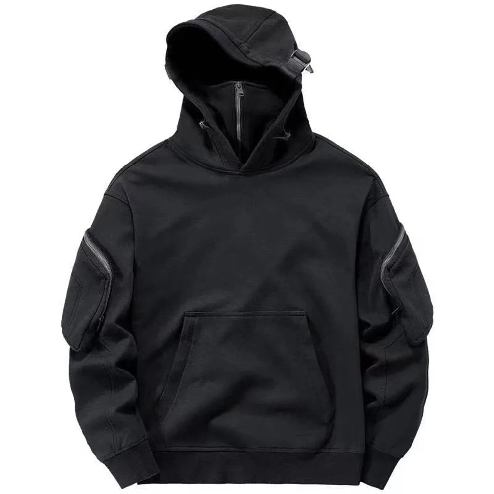 Poche de bras coupe-vent d'hiver Y2K Cargo Streetwear Plain Pull à col haut Zip Masque Techwear Sweat à capuche noir pour hommes, plus la taille