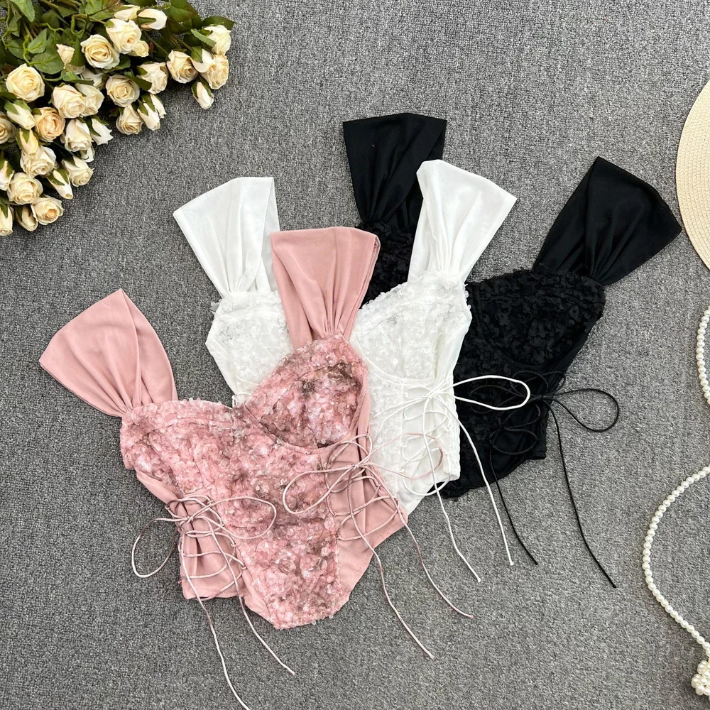 Chic Tank Top for Women Lace Patchwork Floral Sleeveless Camis Female Lace-up Outwear Folds Camisole Solid Drop 240821