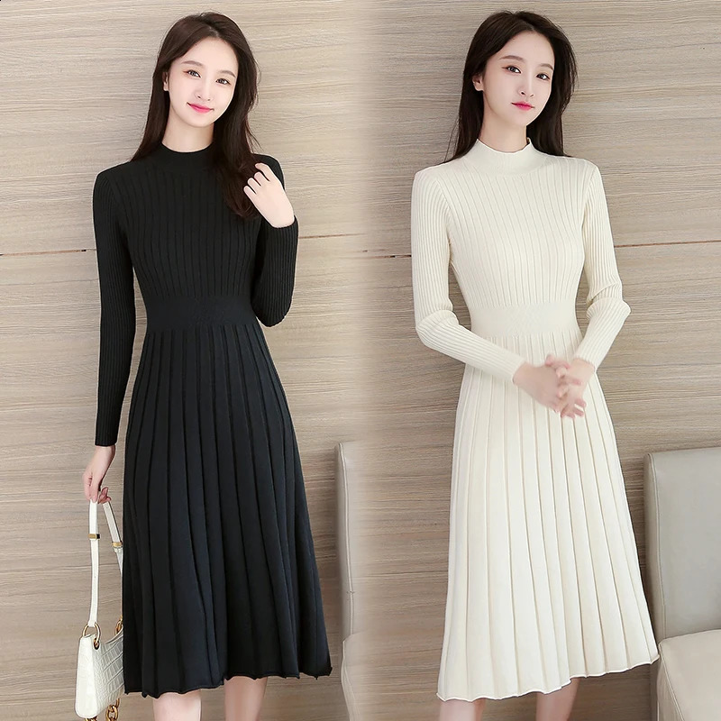 Autumn Winter O Neck Thick Maxi Knit Sweater Pullovers Dress Womens Basic Aline Sweater Female Long Party Casual Office Dresses 240822