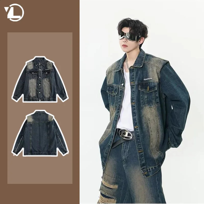 Spring American Street Mens Denim Jacket Retro Pockets Washed Shoulder Pad Cowboy Coats Y2k Hip Hop Loose Outwear 240821