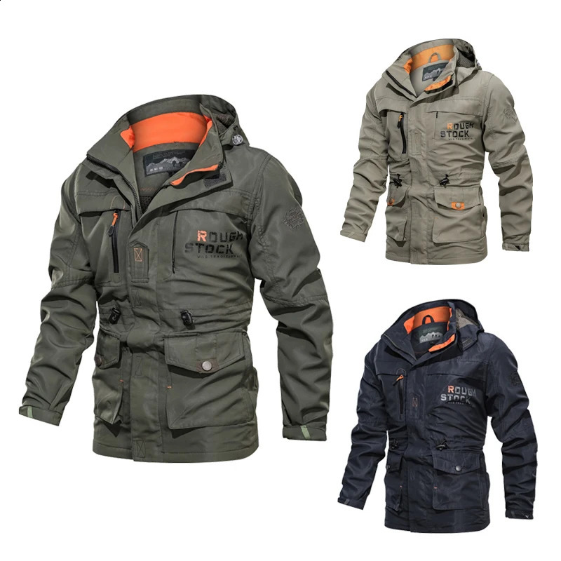 Mens tactical zipper jacket outdoor hooded multi pocket windproof and waterproof fashionable jacket camping travel casual spring clothing 240821