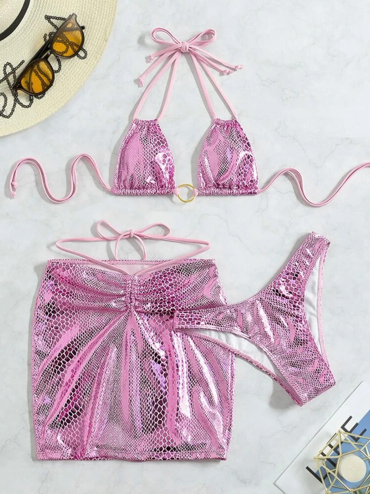 Sexy avec jupe brillant peau de serpent Bikini femmes maillots de bain femme maillot de bain trois pièces Bikini ensemble baigneur maillot de bai