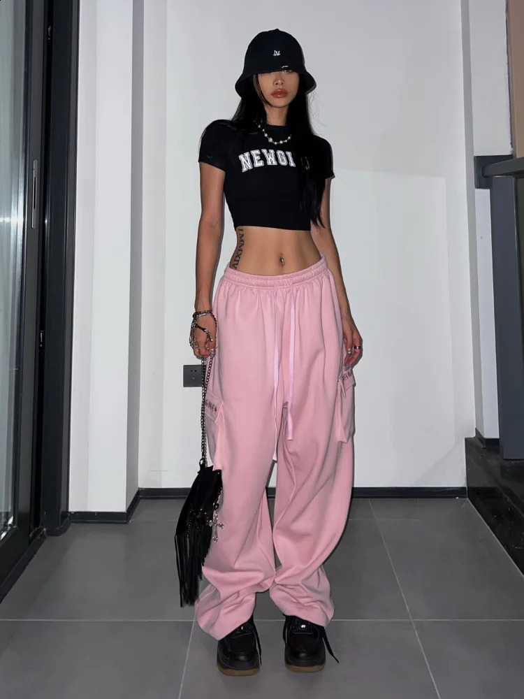 Pantalon de survêtement Egirl 90S esthétique Vintage large pantalon de jambe femelle y2k rose cargo pantalon parachute surdimension