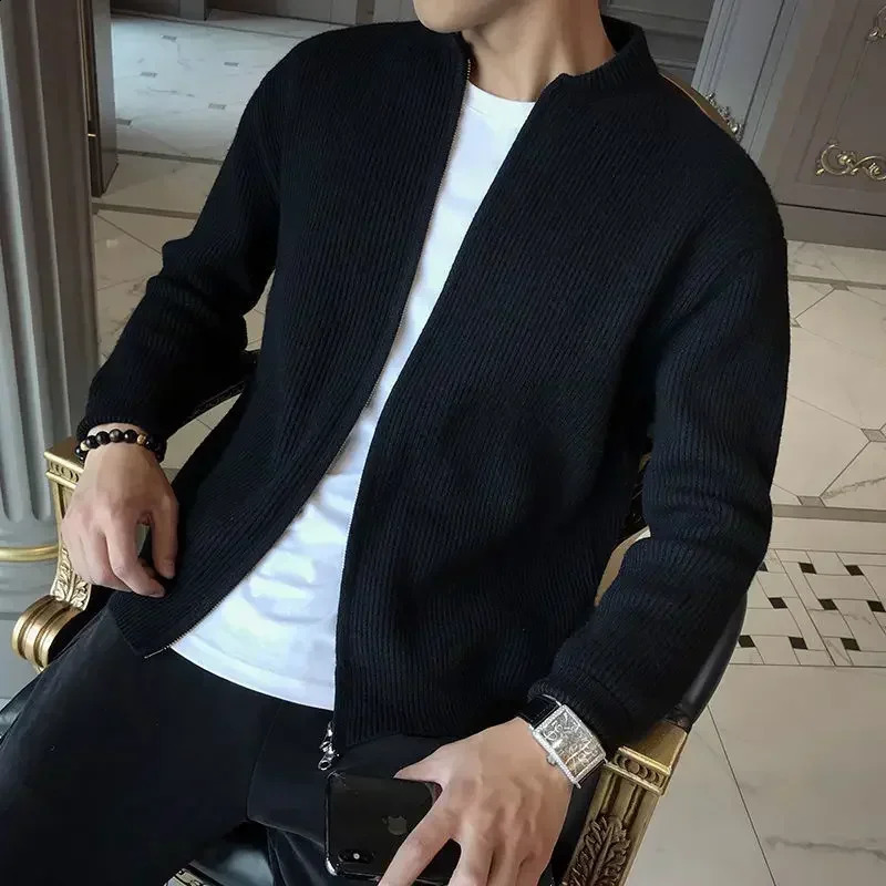 Mens clothing jacket zipper plain knit sweater mens jacket zipper cardigan solid color collar thick winter spring and autumn X 240930