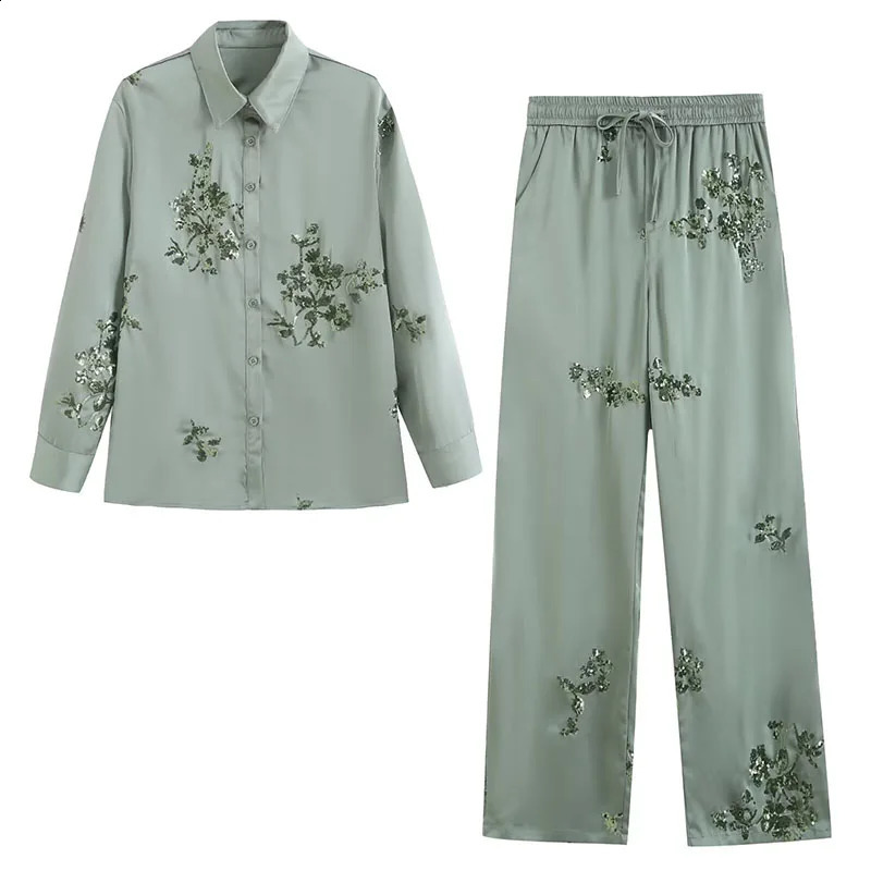 2024 Womens Fashion Sequined Satin Shirt And Drawstring High Waist Trousers Set Chic Youth Vacation Suit 240821