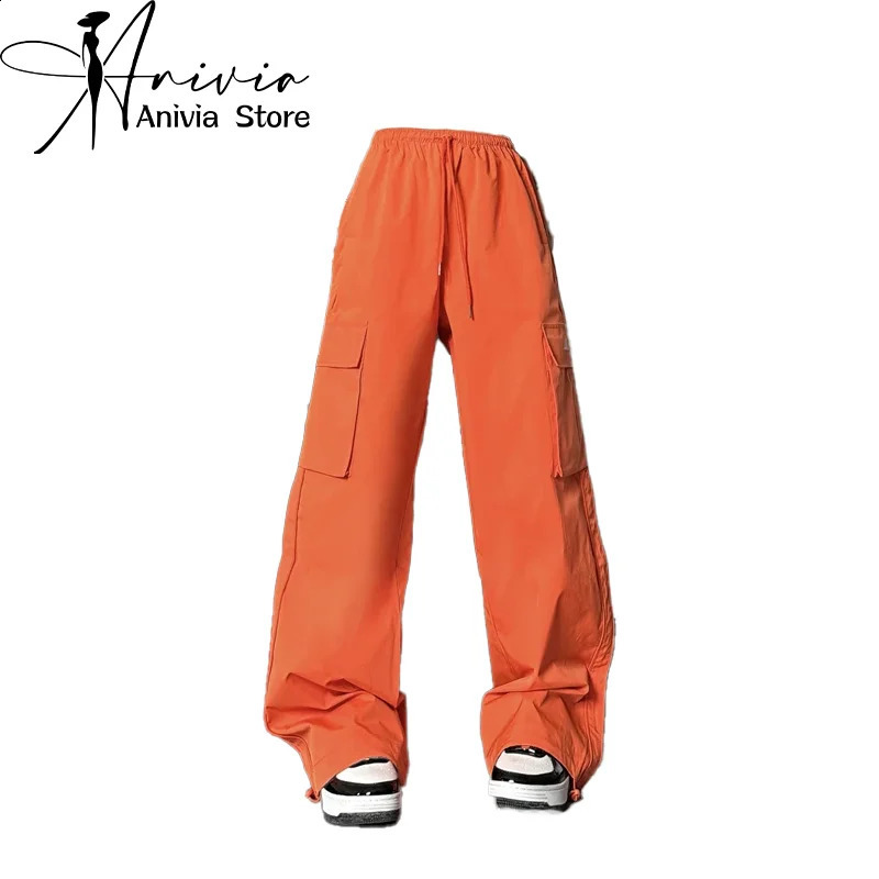 Pantalon de cargaison orange Baggy Y2K 2000S Vintage Streetwear Femmes Pantalon Parachute High Wide Pantal