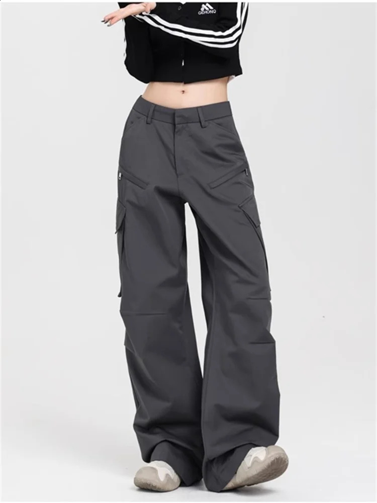 Qweek Y2K Pantalon de cargaison gris vintage Femmes Fashion coréenne Ligne large pantalon surdimension