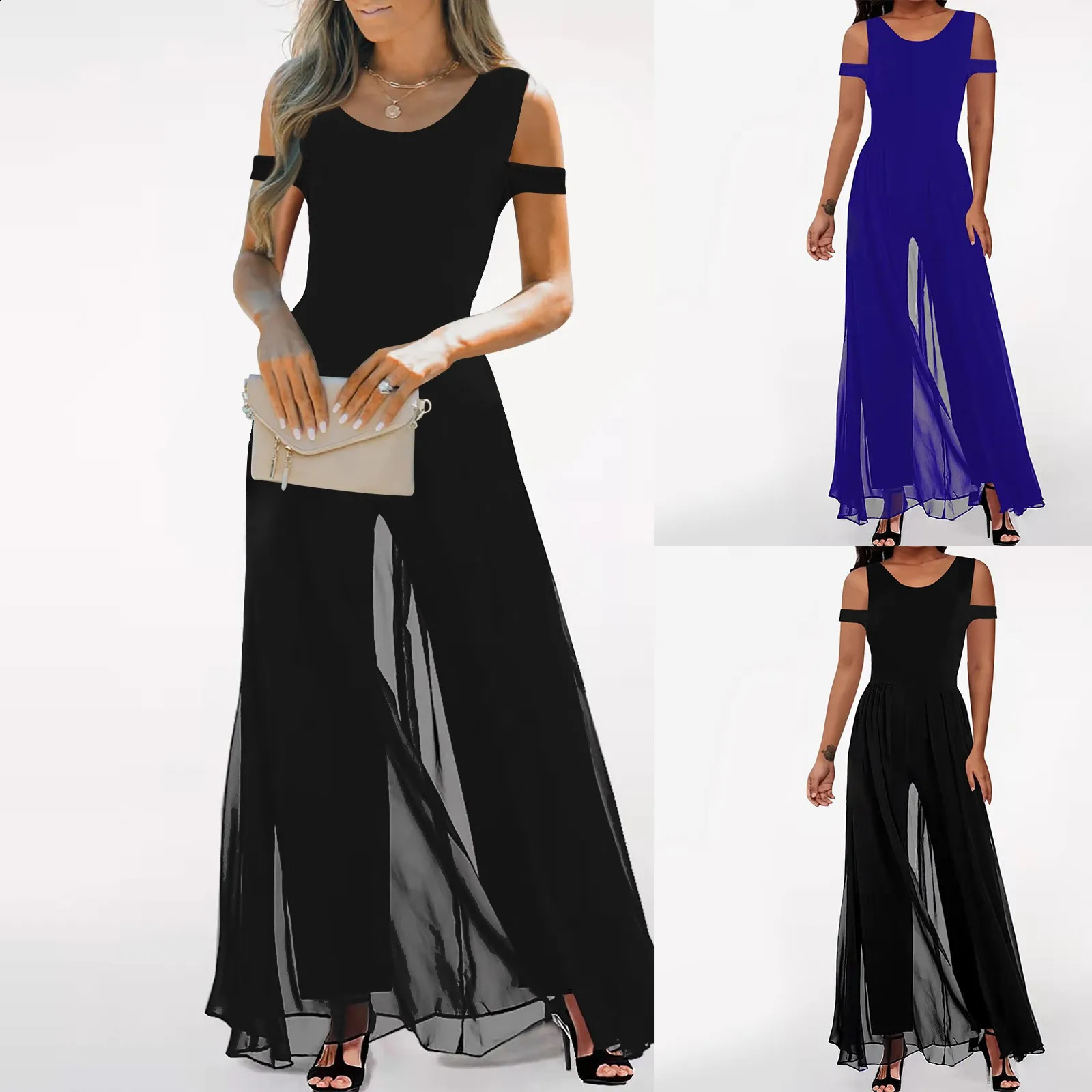 Womens Overalls Round Neck Chiffon Overlay Jumpsuit Loose Romper Long Pants Jumpsuits 240822
