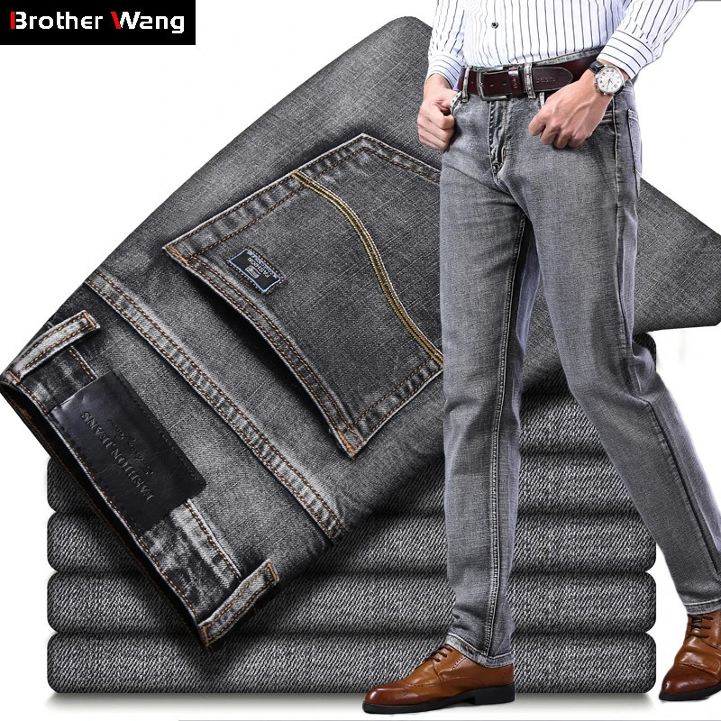 Mens Stretch Regular Fit Jeans Business Casual Classic Style Fashion Denim Trousers Male Black Blue Gray Pants 240822