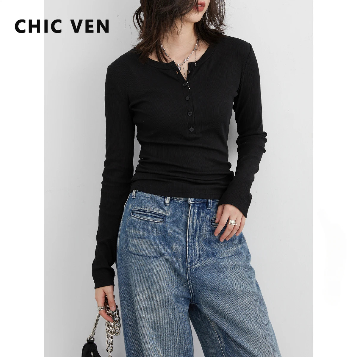 CHIC VEN Women T Shirt Solid Half Open Neck Button Long Sleeved Slim Shirts Korean Tops Female Clothing Spring Autumn 240821