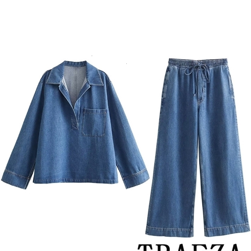 TRAFZA retro casual denim chic womens suit V-neck long sleeved topelastic straight pants fashionable 2024 spring outfit set 240821 ww