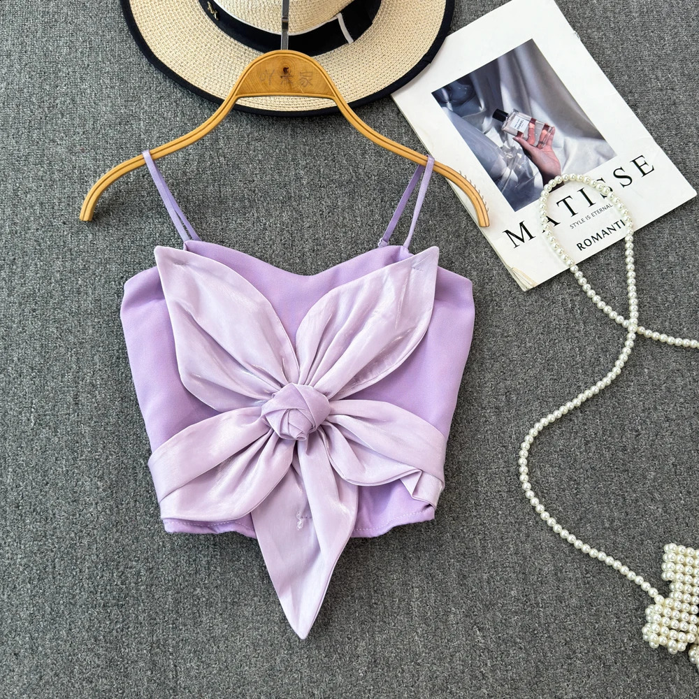 Spaghetti Strap Camisole Female Three-dimensional Flower Solid Tank Women Sleeveless French Chic Summer Camis Backless Dropship 240821