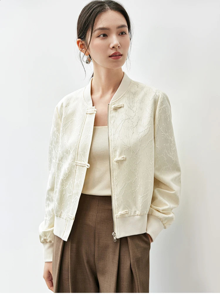 SENTUBILA Chinese Jacquard Womens Baseball Jacket 2024 Autumn Fashion Loose V-neck Long sleeved Jacket 143W55778 240822