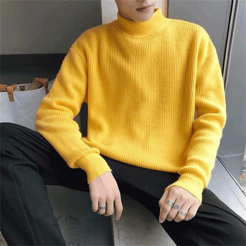 Men yellow Sweater Turtleneck knitting Winter Losse Young Yellow Student 240821