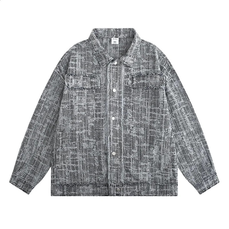 Mens Denim Jacket Casual Loose Rough Selvedge Turn-down Collar Fashion Denim Jacket Single-breasted Jackets Loose Coat 240822