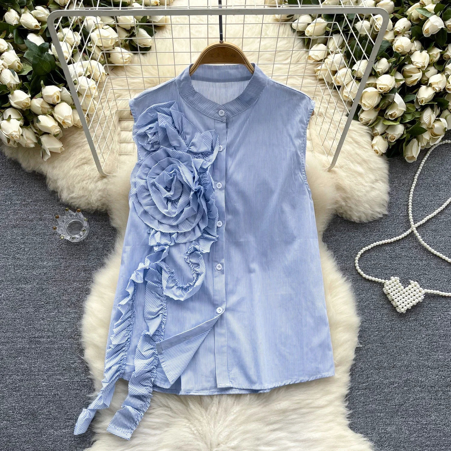 French Chic Blouse for Women O Neck Three-dimensional Flower Sleeveless Camisas Summer Button Solid Blusas Office Lady Dropship 240821