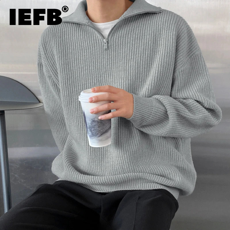 IEFB Male Pullover Sweater Autumn Winter Thickened Lapel Zipper Ins Casual Knitted Tops Grey Black Korean Clothing 9D1246 240821